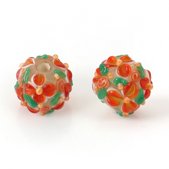 Picture of Lampwork Glass Encased Floral Beads Round Orange Flower Leaves About 13mm x 13mm, Hole: Approx 2.5mm, 1 Piece