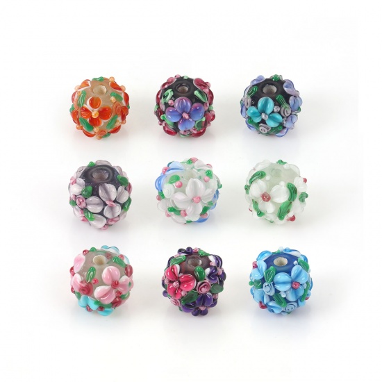 Picture of Lampwork Glass Encased Floral Beads Round Purple Flower Leaves About 13mm x 13mm, Hole: Approx 2.5mm, 1 Piece