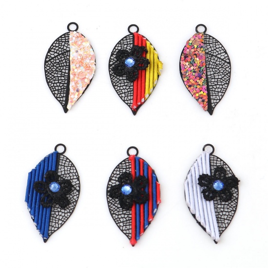 Picture of Brass Pendants Black Multicolor Leaf Flower Filigree Stamping Blue Rhinestone 37mm x 19mm, 2 Pairs                                                                                                                                                            