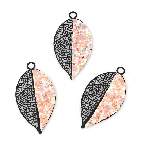 Image de Pendentifs en Laiton Feuille Noir Orange Clair Estampe en Filigrane 37mm x 19mm, 2 Paires