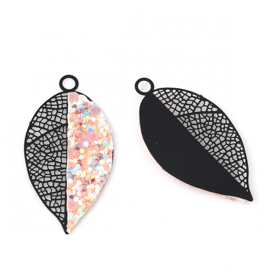 Image de Pendentifs en Laiton Feuille Noir Orange Clair Estampe en Filigrane 37mm x 19mm, 2 Paires