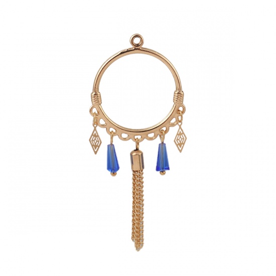 Picture of Brass Pendants Gold Plated Blue Tassel Circle Ring Filigree Stamping 71mm x 29mm, 2 Pairs                                                                                                                                                                     
