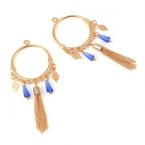 Picture of Brass Pendants Gold Plated Blue Tassel Circle Ring Filigree Stamping 71mm x 29mm, 2 Pairs                                                                                                                                                                     