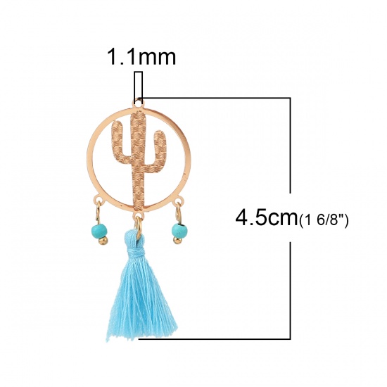 Picture of Brass & Polyester Pendants Gold Plated Blue Tassel Cactus Filigree Stamping 45mm x 20mm, 2 Pairs                                                                                                                                                              