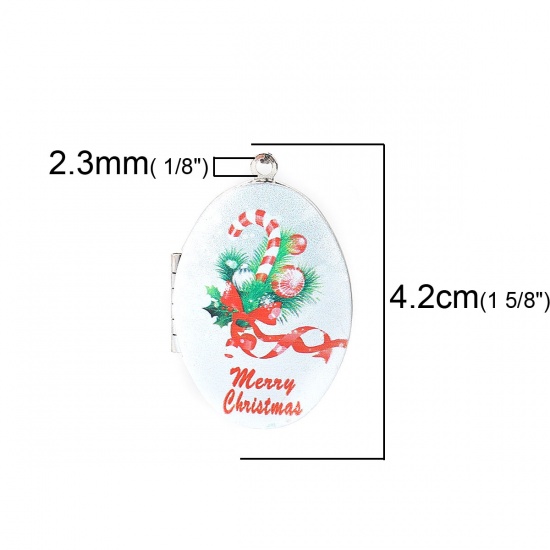 Picture of Zinc Based Alloy Picture Photo Locket Frame Pendents Oval Christmas Candy Cane Silver Tone Red & Green (Fits 29mm x 18mm) 42mm(1 5/8") x 27mm(1 1/8"), 1 Piece