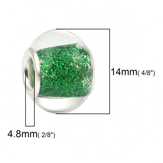 Picture of Zinc Based Alloy & Glass European Style Large Hole Charm Beads Round Silver Plated Green Glitter About 14mm( 4/8") Dia, Hole: Approx 4.8mm, 20 PCs