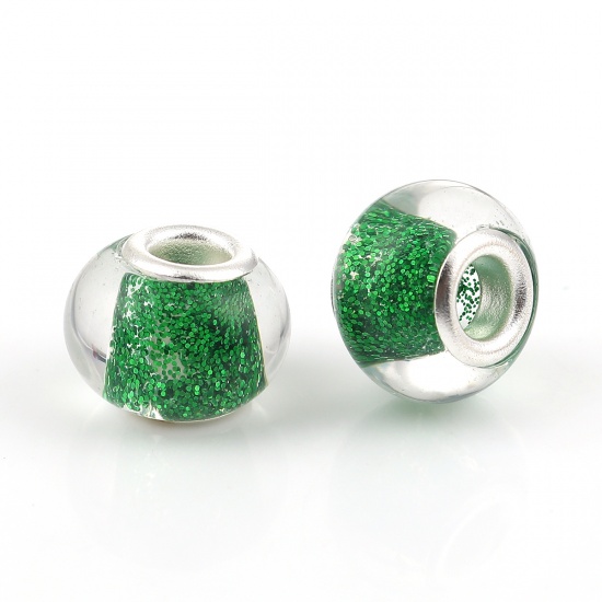 Picture of Zinc Based Alloy & Glass European Style Large Hole Charm Beads Round Silver Plated Green Glitter About 14mm( 4/8") Dia, Hole: Approx 4.8mm, 20 PCs