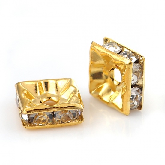 Picture of Copper Spacer Beads Square Gold Plated Clear Rhinestone About 8mm( 3/8") x 8mm( 3/8"), Hole: Approx 1.7mm, 50 PCs