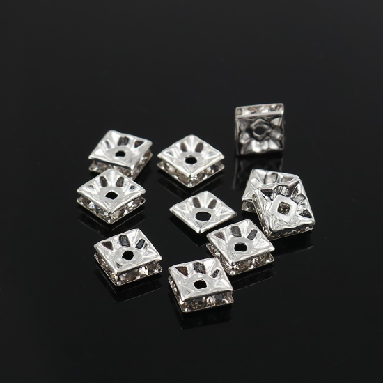 Image de Perles en Laiton Carré Argenté Transparent Strass Env. 8mm x 8mm, Trou: env. 1.7mm, 50 Pcs