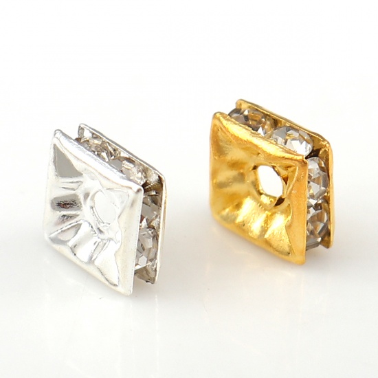 Picture of Brass Spacer Beads Square Silver Plated Clear Rhinestone About 6mm( 2/8") x 6mm( 2/8"), Hole: Approx 1.7mm, 50 PCs                                                                                                                                            