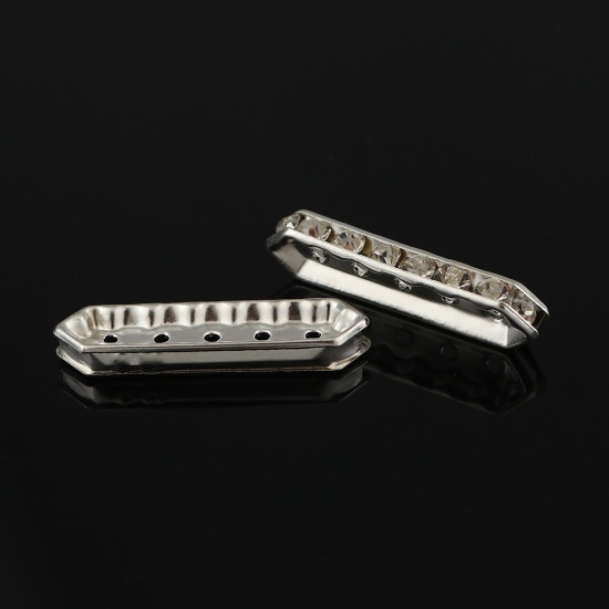 Picture of Iron Based Alloy Spacer Beads Rectangle Silver Plated Clear Rhinestone 35mm x 9mm, Hole: Approx 1.6mm, 30 PCs