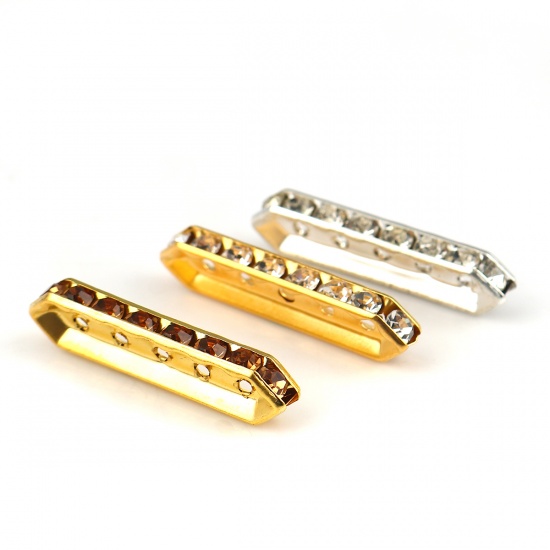 Picture of Iron Based Alloy Spacer Beads Rectangle Gold Plated Clear Rhinestone 35mm x 9mm, Hole: Approx 1.6mm, 30 PCs