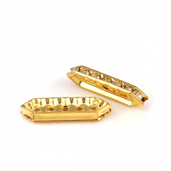 Picture of Iron Based Alloy Spacer Beads Rectangle Gold Plated Clear Rhinestone 27mm x 8mm, Hole: Approx 1.5mm, 30 PCs