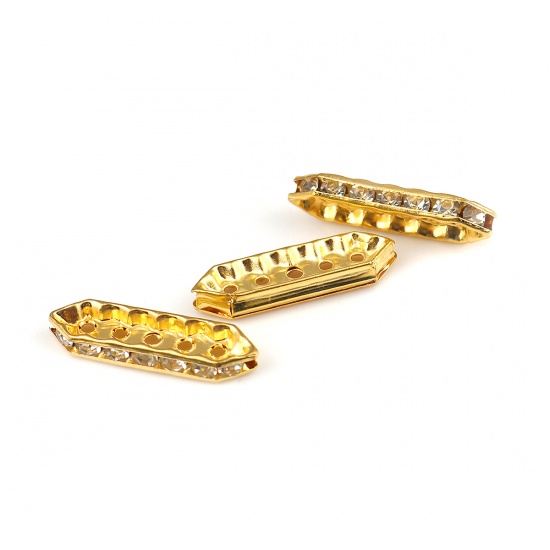Picture of Iron Based Alloy Spacer Beads Rectangle Gold Plated Clear Rhinestone 27mm x 8mm, Hole: Approx 1.5mm, 30 PCs