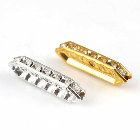 Picture of Iron Based Alloy Spacer Beads Rectangle Gold Plated Clear Rhinestone 27mm x 8mm, Hole: Approx 1.5mm, 30 PCs