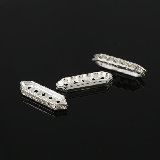 Picture of Iron Based Alloy Spacer Beads Rectangle Silver Plated Clear Rhinestone 27mm x 8mm, Hole: Approx 1.5mm, 30 PCs