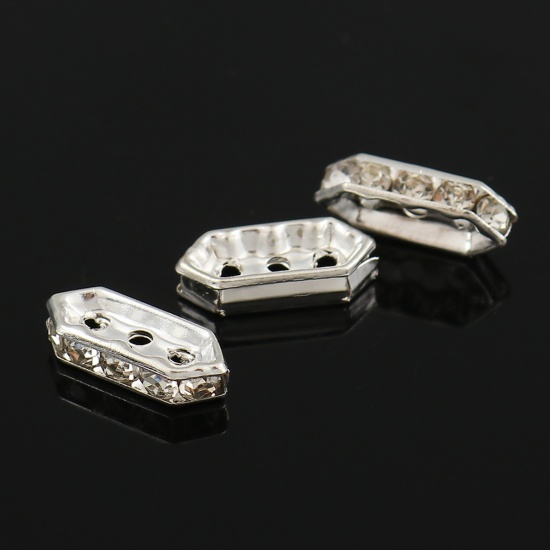 Bild von Eisenlegierung Zwischenperlen Spacer Perlen Rechteck Versilbert Transparent Strass 15mm x 6mm, Loch:ca. 1.8mm, 50 Stück