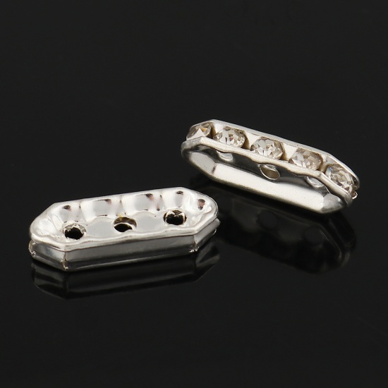 Picture of Iron Based Alloy Spacer Beads Rectangle Silver Plated Clear Rhinestone 18mm x 7mm, Hole: Approx 1.6mm, 50 PCs