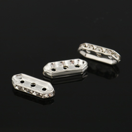 Picture of Iron Based Alloy Spacer Beads Rectangle Silver Plated Clear Rhinestone 18mm x 7mm, Hole: Approx 1.6mm, 50 PCs