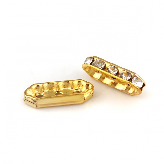 Picture of Iron Based Alloy Spacer Beads Rectangle Gold Plated Clear Rhinestone 18mm x 7mm, Hole: Approx 1.6mm, 50 PCs