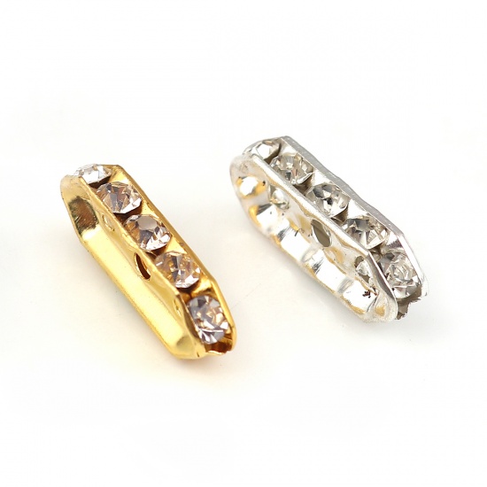 Picture of Iron Based Alloy Spacer Beads Rectangle Gold Plated Clear Rhinestone 18mm x 7mm, Hole: Approx 1.6mm, 50 PCs