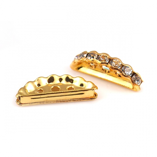 Picture of Iron Based Alloy Spacer Beads Half Round Gold Plated Clear Rhinestone 19mm x 7mm, Hole: Approx 2.1mm 1.3mm, 50 PCs