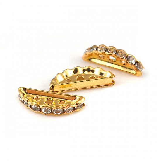 Picture of Iron Based Alloy Spacer Beads Half Round Gold Plated Clear Rhinestone 19mm x 7mm, Hole: Approx 2.1mm 1.3mm, 50 PCs