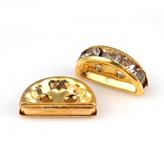 Picture of Iron Based Alloy Spacer Beads Half Round Gold Plated Clear Rhinestone 13mm x 7mm, Hole: Approx 1.6mm, 50 PCs