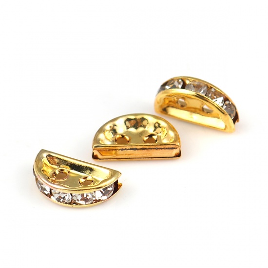 Picture of Iron Based Alloy Spacer Beads Half Round Gold Plated Clear Rhinestone 13mm x 7mm, Hole: Approx 1.6mm, 50 PCs