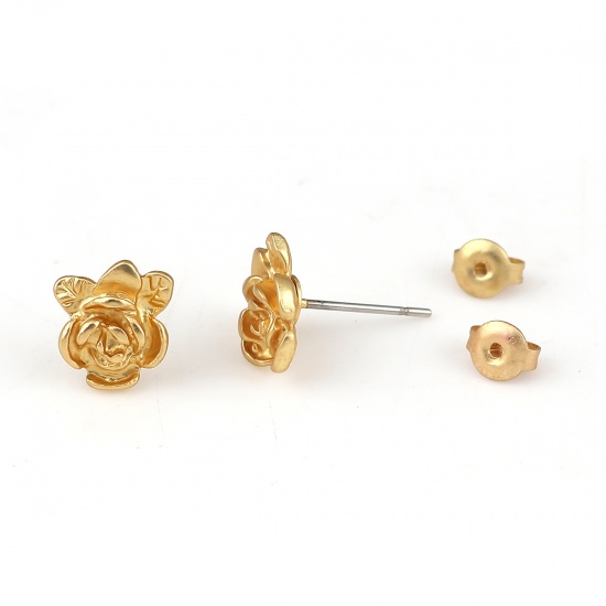 Picture of Zinc Based Alloy Ear Post Stud Earrings Findings Rose Flower Matt Gold 10mm x 9mm, Post/ Wire Size: (21 gauge), 6 PCs