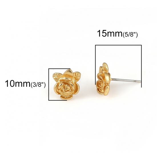 Picture of Zinc Based Alloy Ear Post Stud Earrings Findings Rose Flower Matt Gold 10mm x 9mm, Post/ Wire Size: (21 gauge), 6 PCs