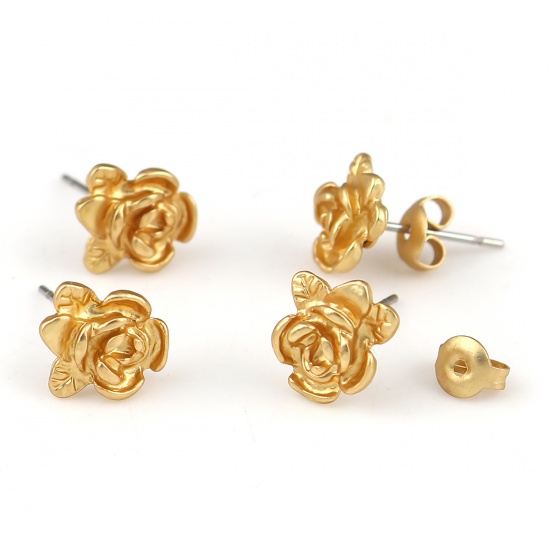 Picture of Zinc Based Alloy Ear Post Stud Earrings Findings Rose Flower Matt Gold 10mm x 9mm, Post/ Wire Size: (21 gauge), 6 PCs