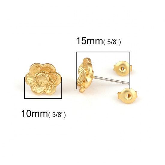 Immagine di Lega di Zinco Orecchini a Perno Tappi di Orecchini Fiore Oro Opaco 10mm x 10mm, Diametro Filo: (21 misura), 6 Pz