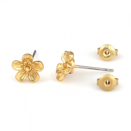 Lega di Zinco Orecchini a Perno Tappi di Orecchini Fiore Oro Opaco 9mm x 8mm, Diametro Filo: (21 misura), 6 Pz