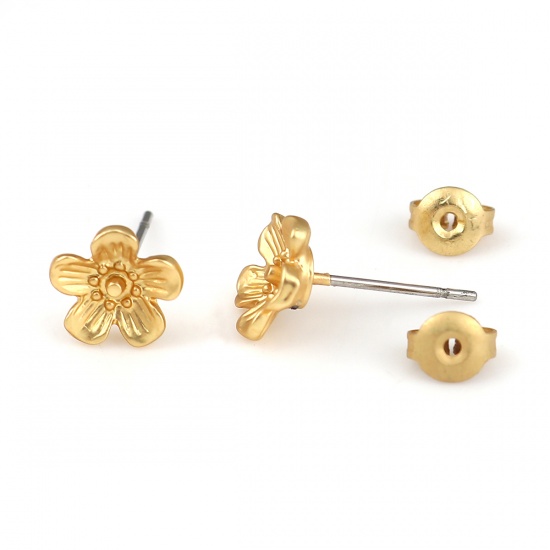 Immagine di Lega di Zinco Orecchini a Perno Tappi di Orecchini Fiore Oro Opaco 9mm x 8mm, Diametro Filo: (21 misura), 6 Pz