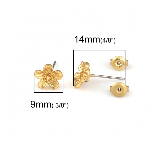 Immagine di Lega di Zinco Orecchini a Perno Tappi di Orecchini Fiore Oro Opaco 9mm x 8mm, Diametro Filo: (21 misura), 6 Pz