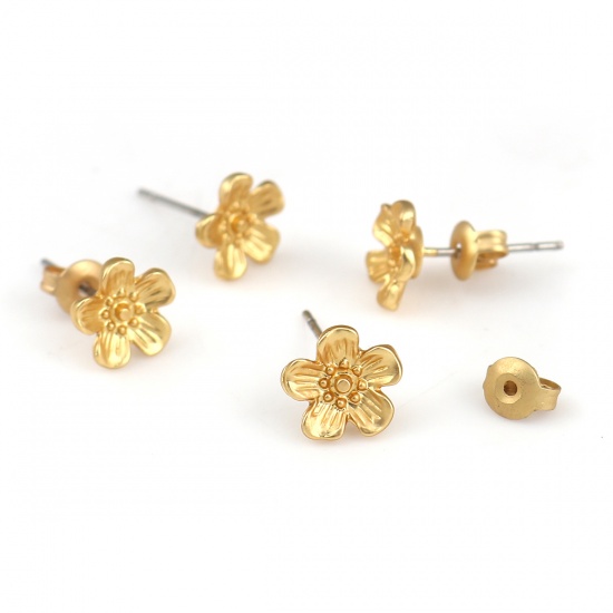 Immagine di Lega di Zinco Orecchini a Perno Tappi di Orecchini Fiore Oro Opaco 9mm x 8mm, Diametro Filo: (21 misura), 6 Pz