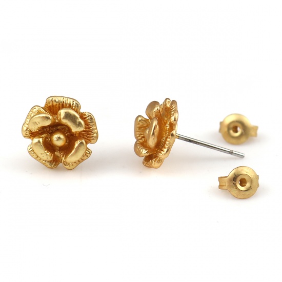 Picture of Zinc Based Alloy Ear Post Stud Earrings Findings Rose Flower Matt Gold 11mm x 11mm, Post/ Wire Size: (21 gauge), 6 PCs