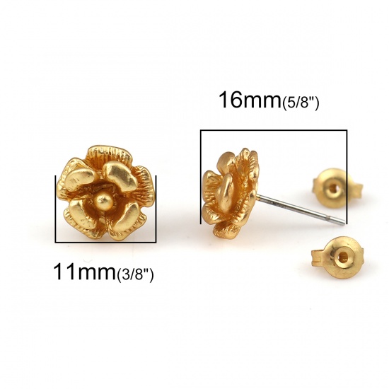 Picture of Zinc Based Alloy Ear Post Stud Earrings Findings Rose Flower Matt Gold 11mm x 11mm, Post/ Wire Size: (21 gauge), 6 PCs