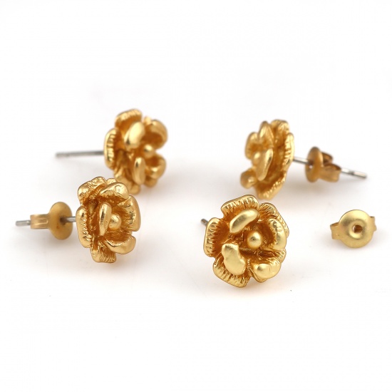 Picture of Zinc Based Alloy Ear Post Stud Earrings Findings Rose Flower Matt Gold 11mm x 11mm, Post/ Wire Size: (21 gauge), 6 PCs