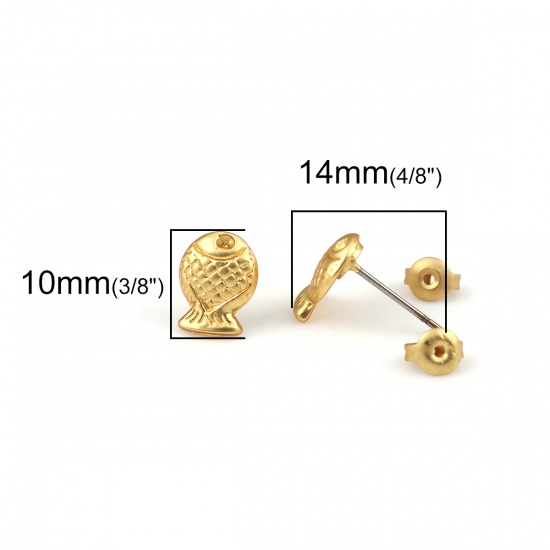 Picture of Zinc Based Alloy Ear Post Stud Earrings Findings Fish Animal Matt Gold 10mm x 8mm, Post/ Wire Size: (21 gauge), 6 PCs