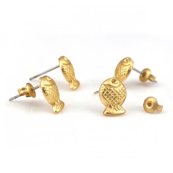 Picture of Zinc Based Alloy Ear Post Stud Earrings Findings Fish Animal Matt Gold 10mm x 8mm, Post/ Wire Size: (21 gauge), 6 PCs