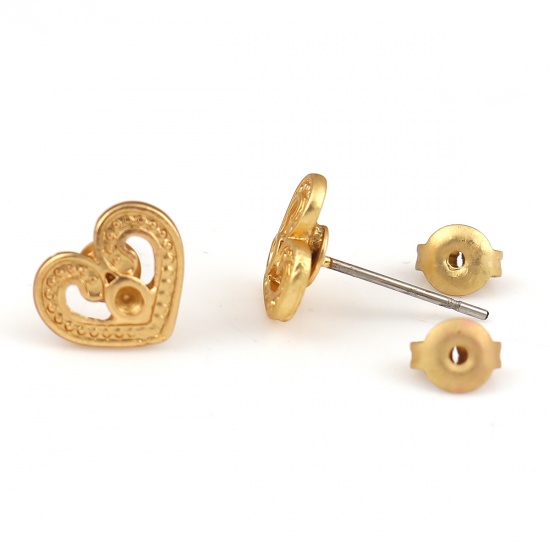 Immagine di Lega di Zinco Orecchini a Perno Tappi di Orecchini Cuore Oro Opaco (Adatto ss6 Strass) 10mm x 8mm, Diametro Filo: (21 misura), 6 Pz