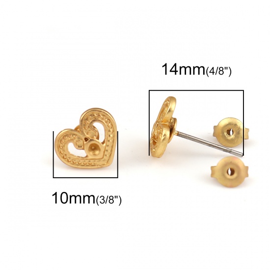 Immagine di Lega di Zinco Orecchini a Perno Tappi di Orecchini Cuore Oro Opaco (Adatto ss6 Strass) 10mm x 8mm, Diametro Filo: (21 misura), 6 Pz