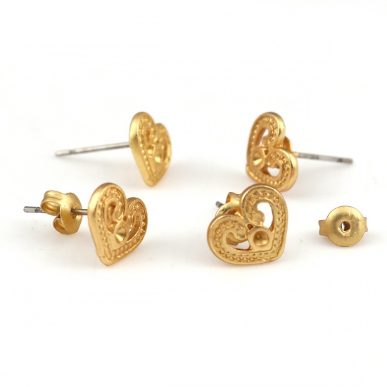 Immagine di Lega di Zinco Orecchini a Perno Tappi di Orecchini Cuore Oro Opaco (Adatto ss6 Strass) 10mm x 8mm, Diametro Filo: (21 misura), 6 Pz