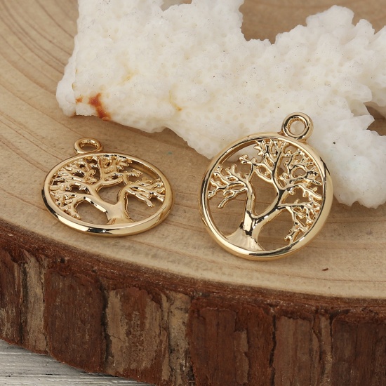 Picture of Zinc Based Alloy Charms Round Gold Plated Tree 19mm( 6/8") x 16mm( 5/8"), 10 PCs