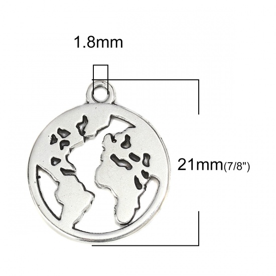 Picture of Zinc Based Alloy Charms Round Antique Silver World Map 21mm( 7/8") x 18mm( 6/8"), 30 PCs