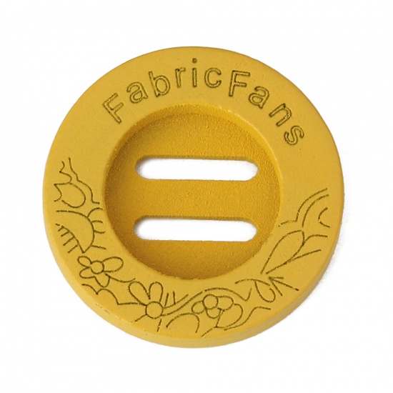 Picture of Wood Sewing Buttons Scrapbooking Two Holes Round Yellow Message " FabricFans " 23mm( 7/8") Dia, 20 PCs
