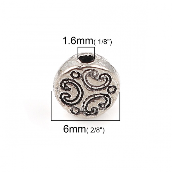 Picture of Zinc Based Alloy Spacer Beads Round Antique Silver Carved About 6mm Dia, Hole: Approx 1.6mm, 100 PCs