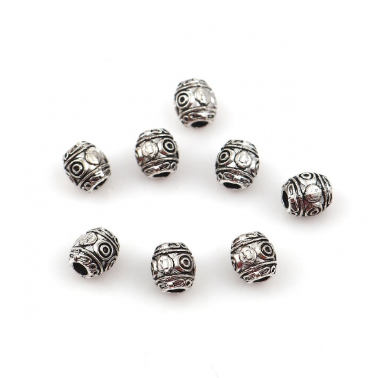 Immagine di Lega di Zinco Separatori Perline Barile Argento Antico Intagliato Scolpisce Circa 7mm x 6mm, Foro:Circa 2.4mm, 100 Pz